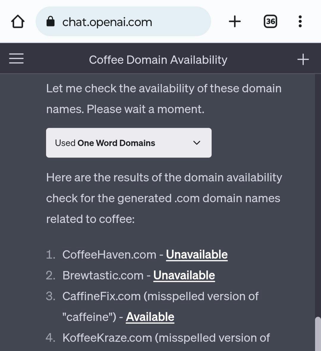 There is currently ONE approved domain search Plugin on ChatGPT. 🌐

It's not GoDaddy. It's not Namecheap.

It's One Word Domains, a service nobody's heard of. 

And they're geniuses, they hustled and shipped. It might even be a one-person project.

Not only is their Plugin…  